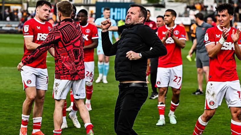 Nathan Jones celebrates with Charlton Athletic players