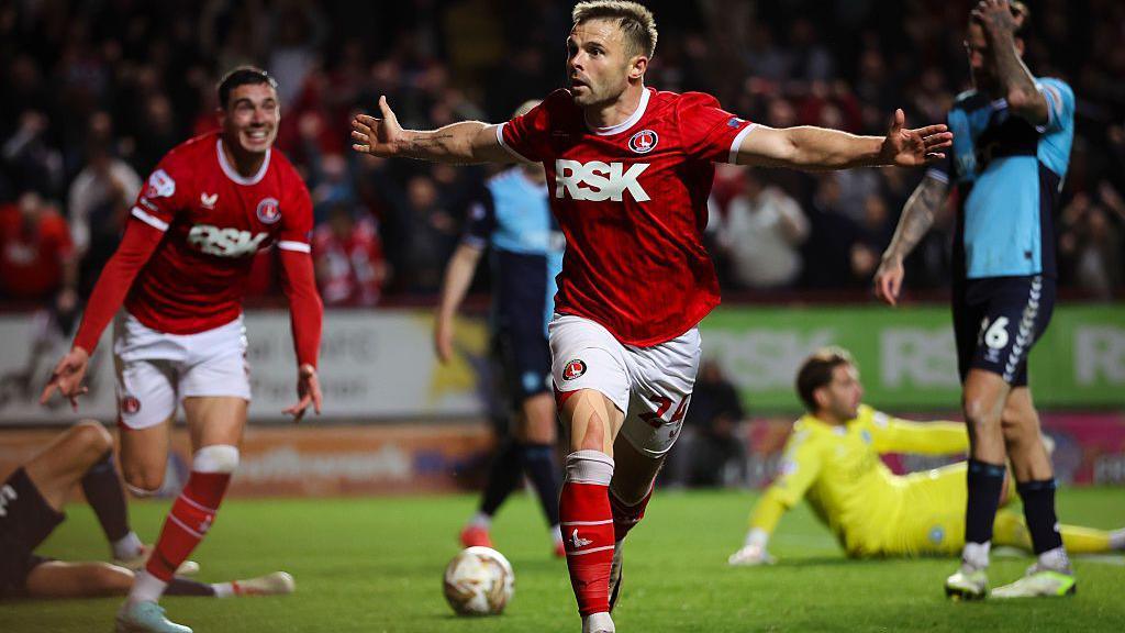 Matty Godden celebrates after scoring for Charlton Athletic against Wycombe Wanderers