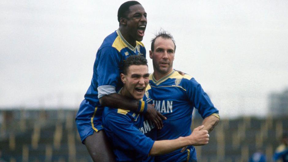 John Fashanu [top], Vinnie Jones [bottom] and Alan Cork [right] celebrate a Wimbledon goal