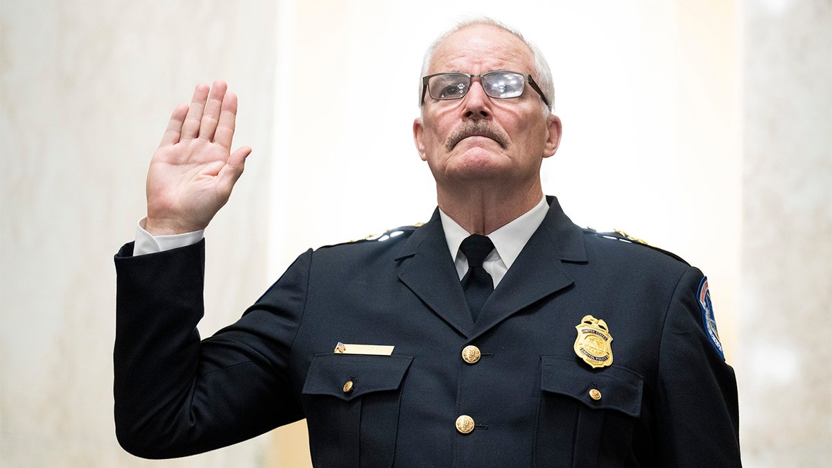 U.S. Capitol Police Chief Tom Manger is sworn in to testify before a Senate Rules and Administration Committee oversight hearing on the Jan. 6, 2021, attack on the Capitol on Wednesday, Jan. 5, 2022, in Washington. Manger has sounded off on President Donald Trump’s pardons of the Jan. 6 defendants.