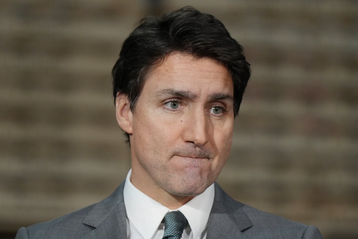 Prime Minister Justin Trudeau pauses while speaking about the Israel-Hamas war during a news conference at lithium battery manufacturer