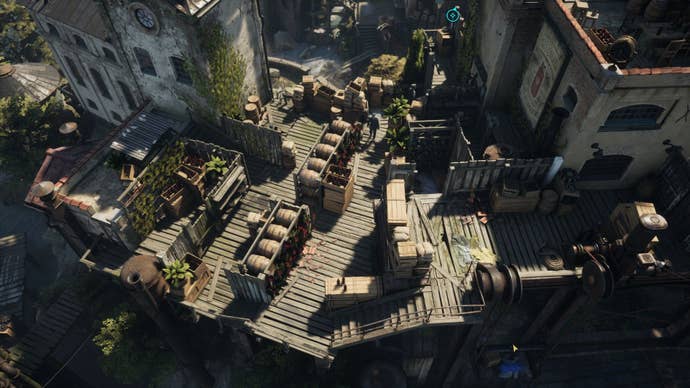 A garden full of wine barrels makes a route to sneak through for the player.
