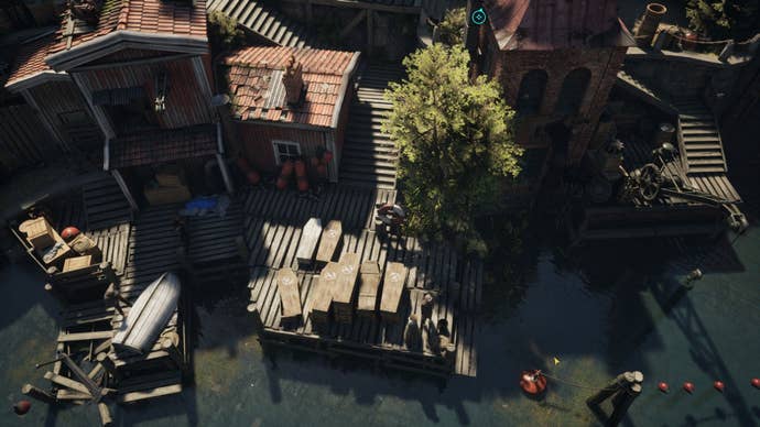 A dock by the river holds many coffins of people who died of a sickness called Heartpox.