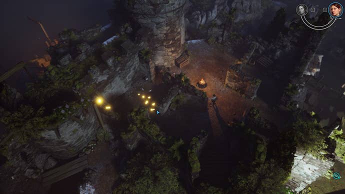 An overgrown cavern full of rocks is patrolled by enemy guards.
