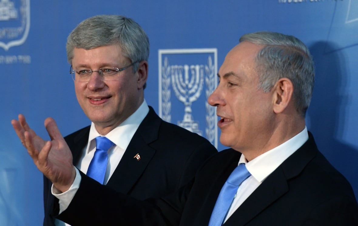 Prime Minister Stephen Harper and Israeli Prime Minister Benjamin Netanyahu talk following a joint press conference in Jerusalem, Israel on Tuesday, January 21, 2014. While in the Middle East Harper is visiting Israel, the West Bank, and Jordan.