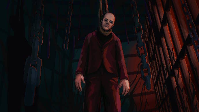 The creepy Crimson One - a bald guy in a red suit - hangs from a noose in Kathy Rain 2: Soothsayer.