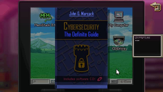 A hacking puzzle in Kathy Rain 2: Soothsayer that involves reading a manual on cybersecurity and using a laptop to infiltrate a desktop.