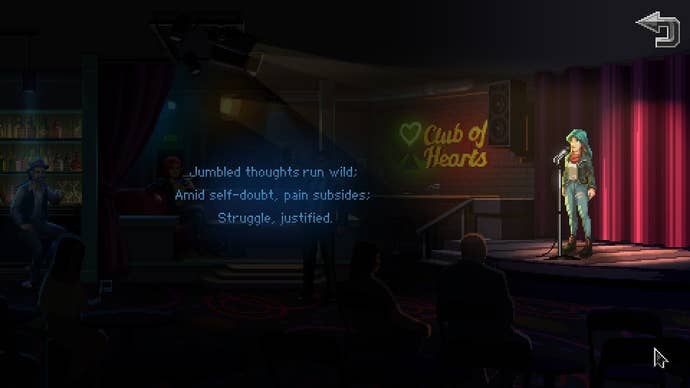 Kathy recites a haiku about jumbled thoughts and self-doubt on stage in Kathy Rain 2: Soothsayer.