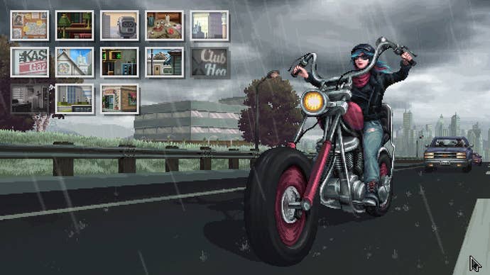 The main map screen of Kathy Rain 2: Soothsayer, showing a variety of locales for Kathy to ride to on her motorcycle.