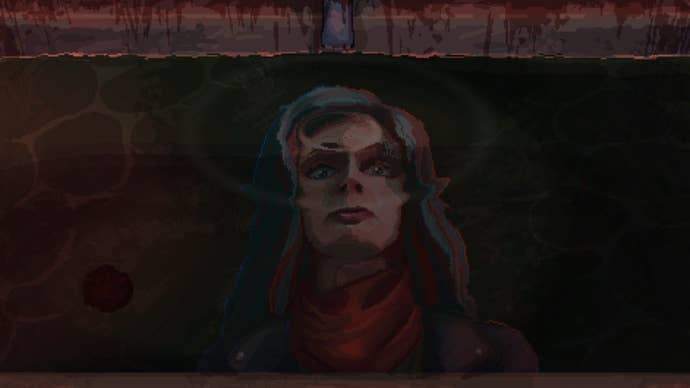 A murky view of Kathy Rain's face in a pool of water, from Kathy Rain 2: Soothsayer.