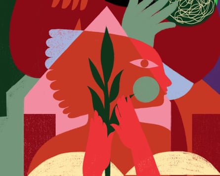 Three abstract, overlapping human figures are depicted in profile. One figure’s face overlaps a yellow sun, one overlaps a blue wing, and a third is within a house holding a budding plant in both hands.