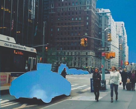 graphic showing New York street: people are walking on the sidewalk and there are cut-out images depicting missing cars in the road