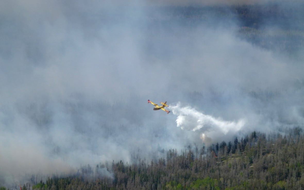 A water bomber plane drops water over a burning forest while plumes of smoke fill the distance.