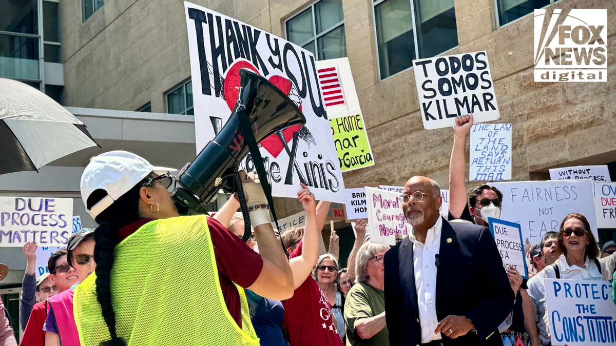 Demonstrators gather outside the U.S. District Court in Greenbelt, Md., to protest the continued detention of Kilmar Abrego Garcia, a migrant and alleged MS-13 member who was deported to El Salvador in March.