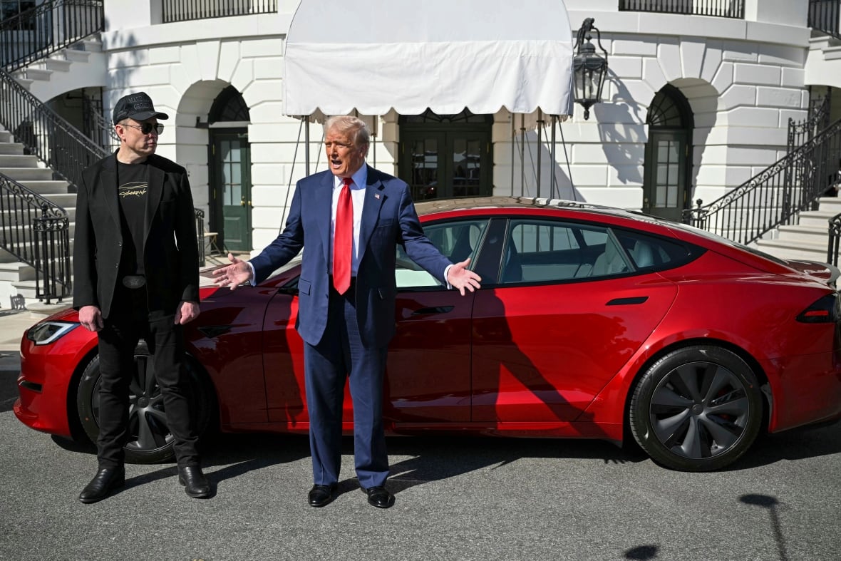 Two men stand in front of a red car.