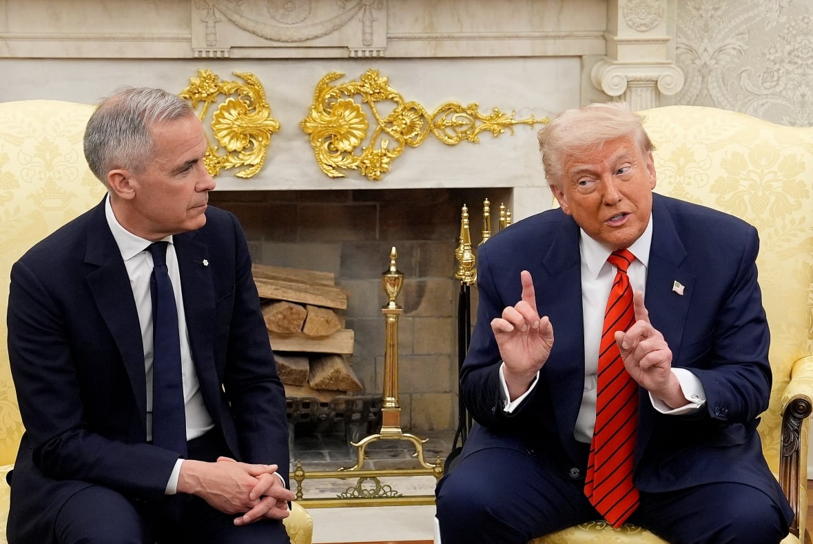 Prime Minister Mark Carney and U.S. President Donald Trump engage in a meeting at the White House in Washington, D.C., Tuesday, May 6, 2025.