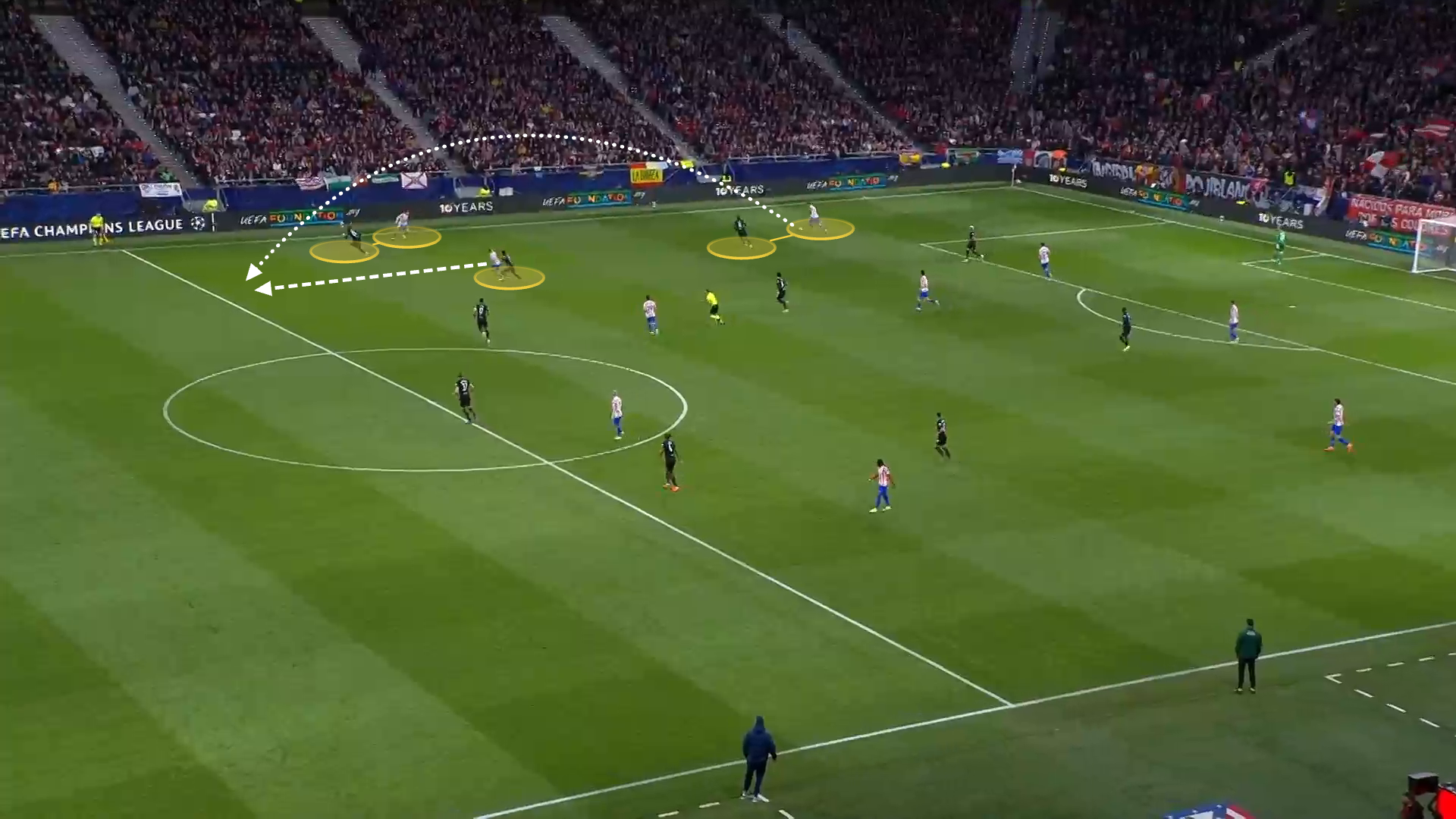 Screengrab from Atletico Madrid's 5-2 win against Spurs showing Marc Pubill's long pass under less pressure to find Marcus Llorente running in behind.