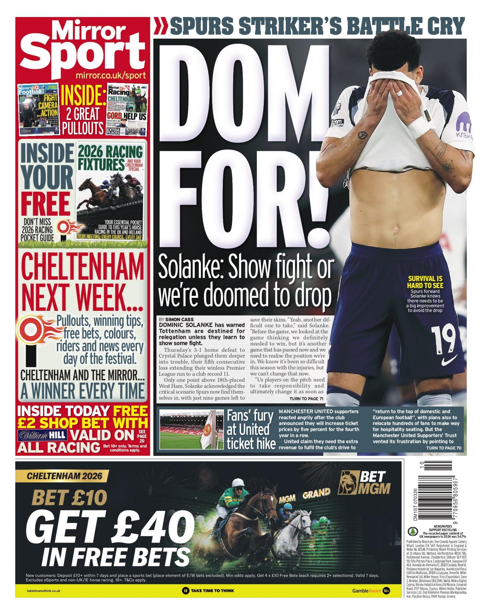 Mirror back page with the headline "Dom for!"