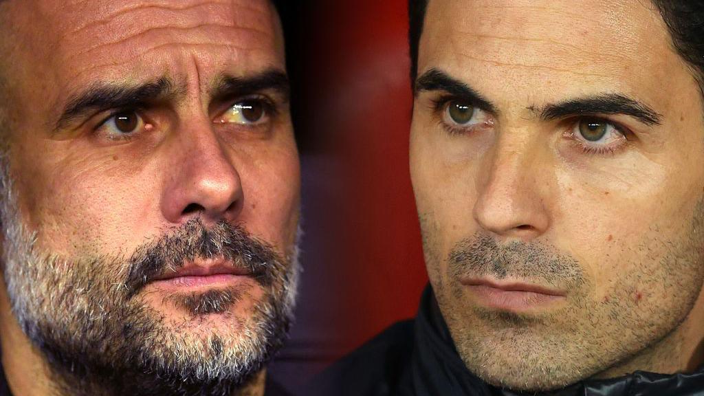 Composite image in which a comparison has been made between Pep Guardiola, Manager of Manchester City and Mikel Arteta, Manager of Arsenal