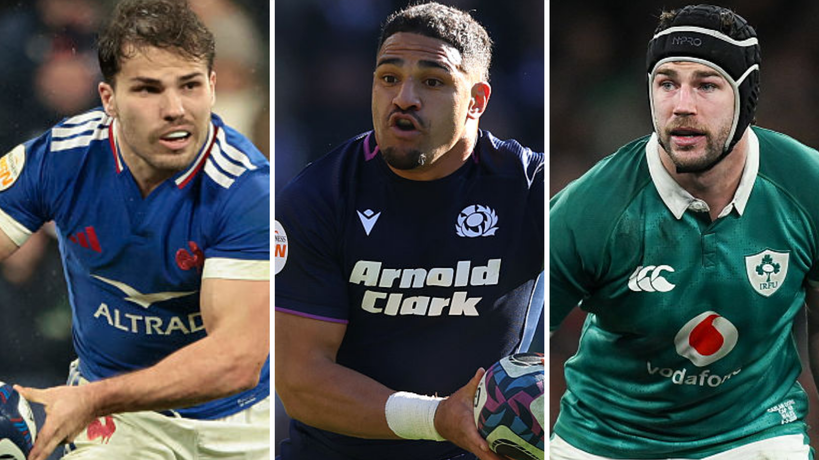 France captain Antoine Dupont, Scotland skipper Sione Tuipulotu and Ireland's leader Caelan Doris