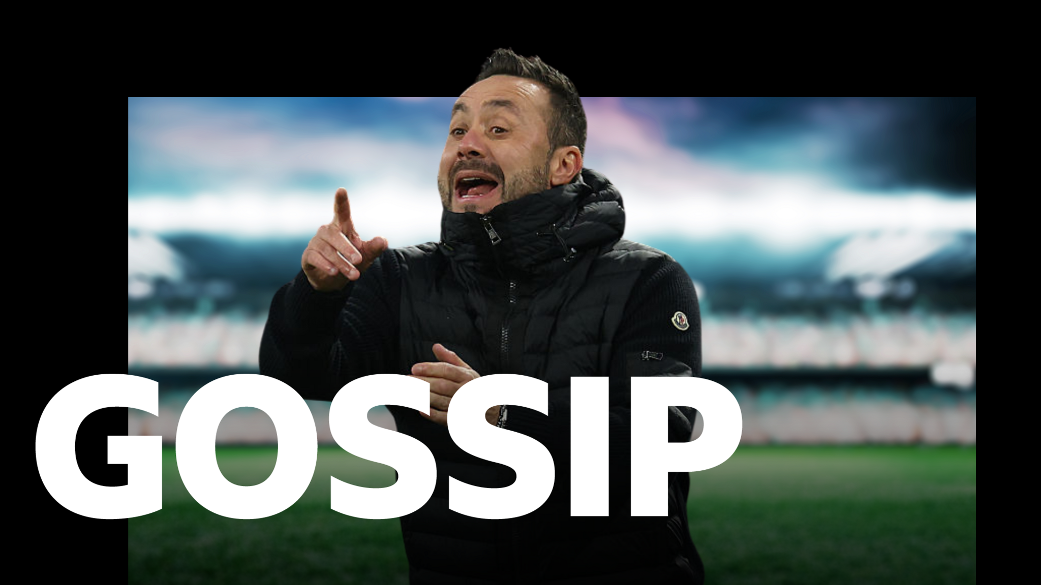 A graphic with the word "Gossip" imposed over a photograph of Roberto De Zerbi.