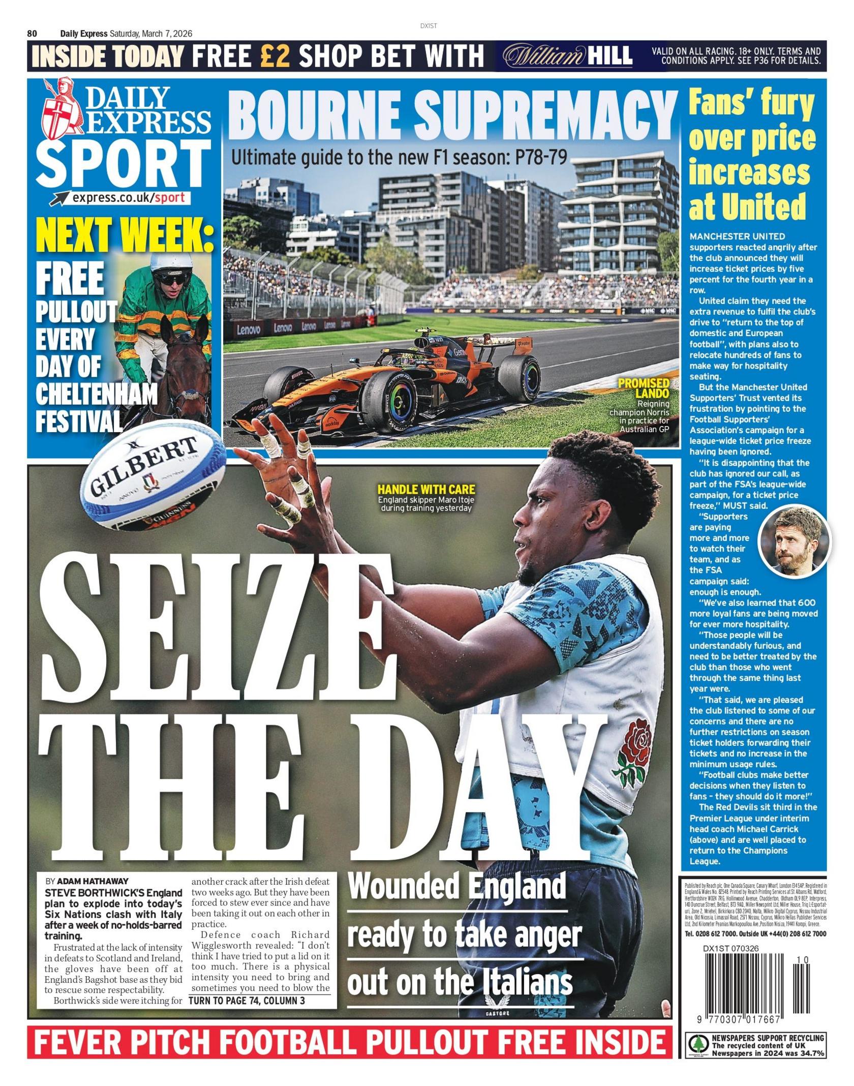 Back page of the Express with the main headline "Seize the day".
