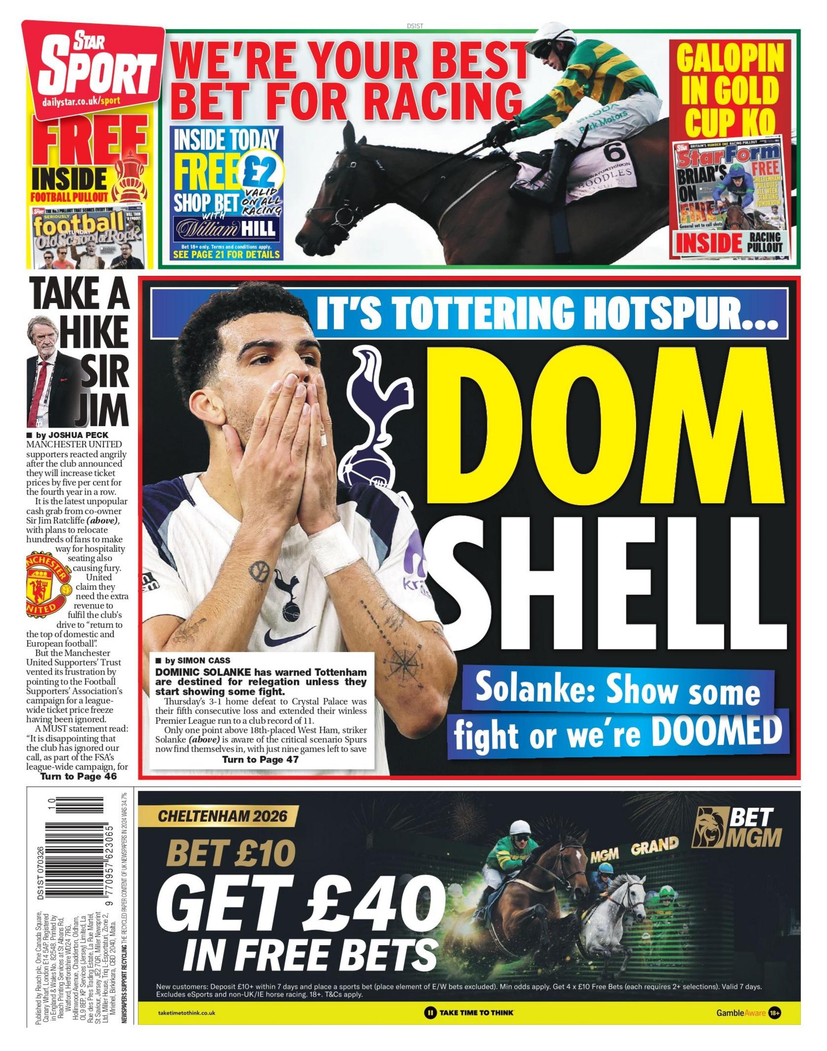 Back page of the Daily Sport with the headline "Dom shell".