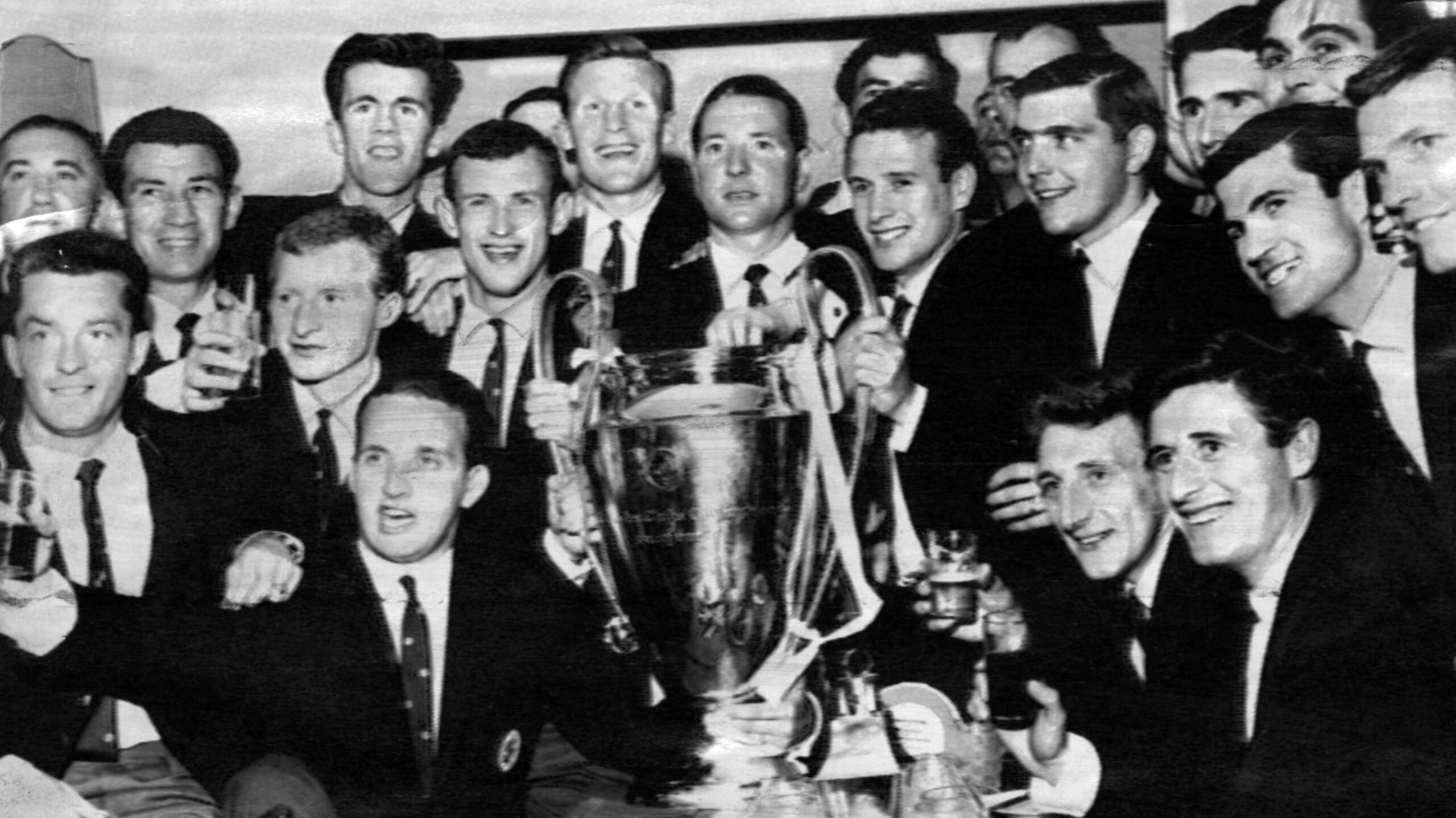 Celtic players celebrate with European Cup trophy after winning final against Inter Milan in Lisbon 25th May 1967