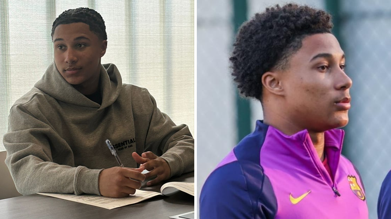 Ajay Tavares pictured with a pen and paper signing for Barcelona - and in training for his new team