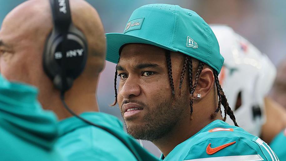 Tua Tagovailoa looks on from the sidelines during the Miami Dolphins' game against the Cincinnati Bengals on 21 December 2025