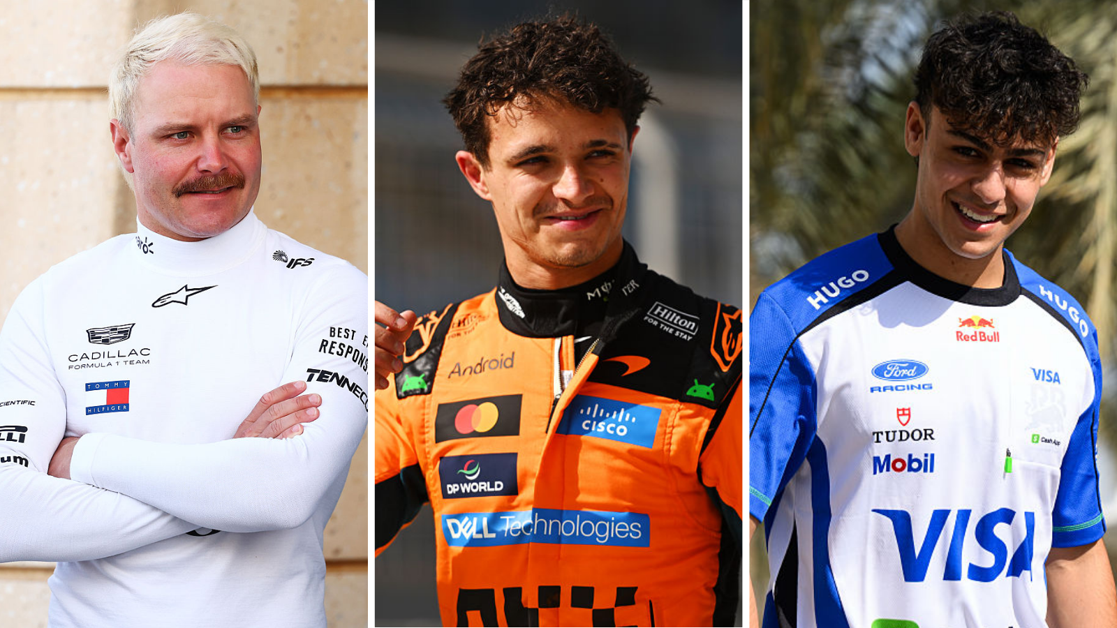 A split image of Valtteri Bottas, Lando Norris and Arvid Lindblad