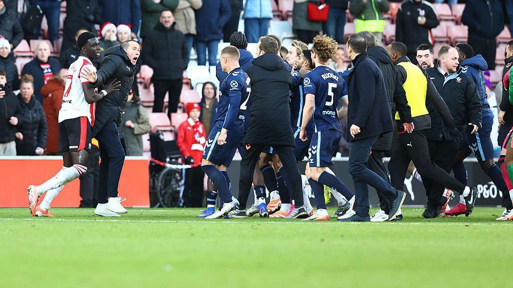 Players from both sides clash at the final whistle of the Championship match between Southampton and Coventry City at St Mary's Stadium in December
