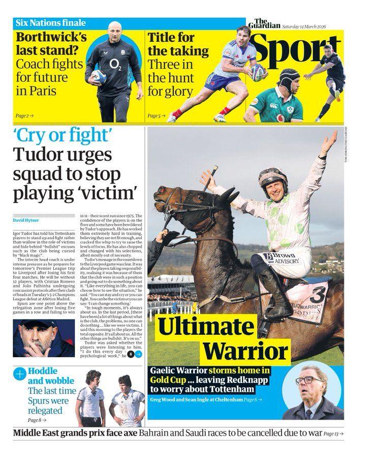 Guardian sport page - Saturday 14 March