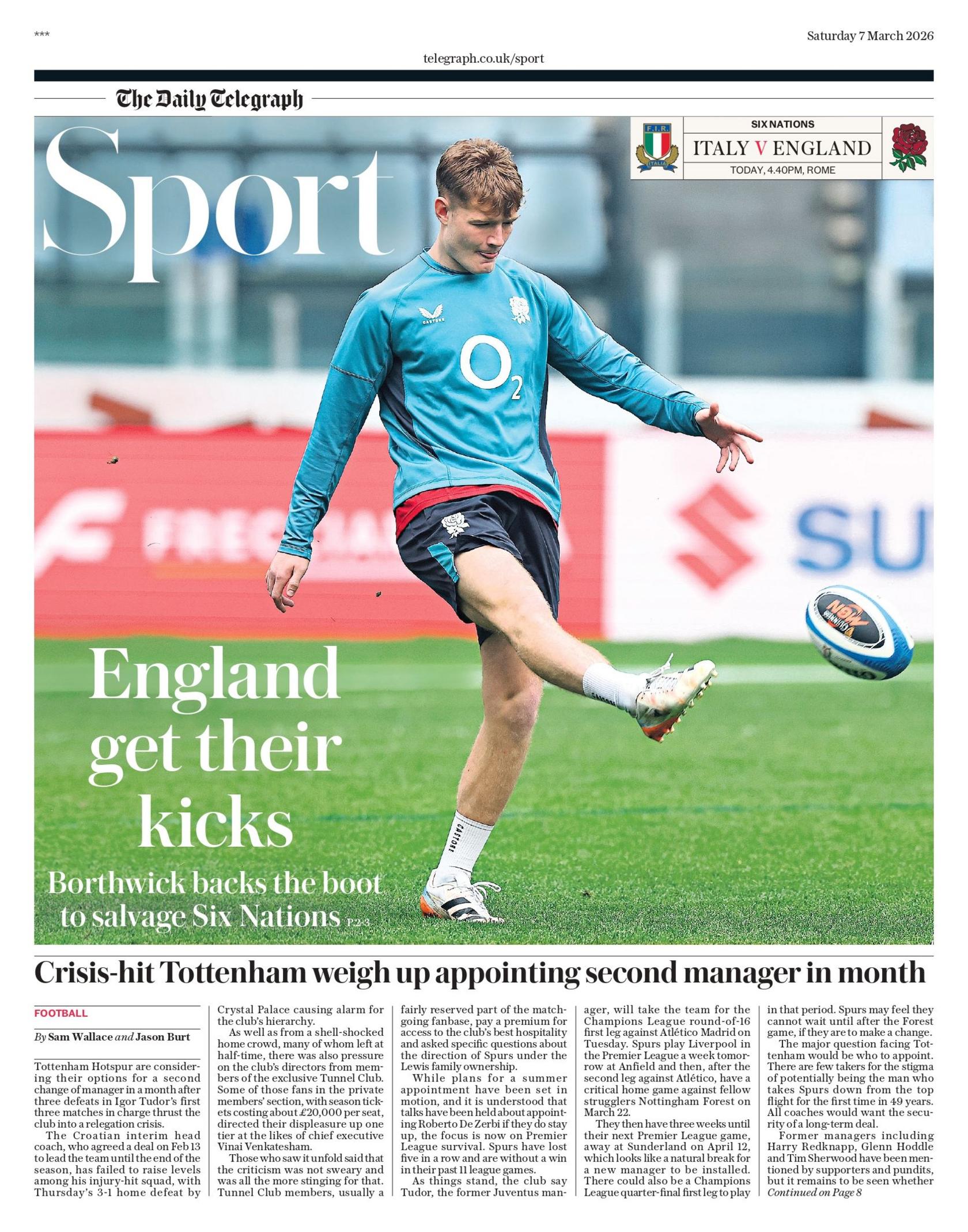 Back page of the Telegraph with the main headline "England get their kicks - Borthwick backs the boot to salvage Six Nations".
