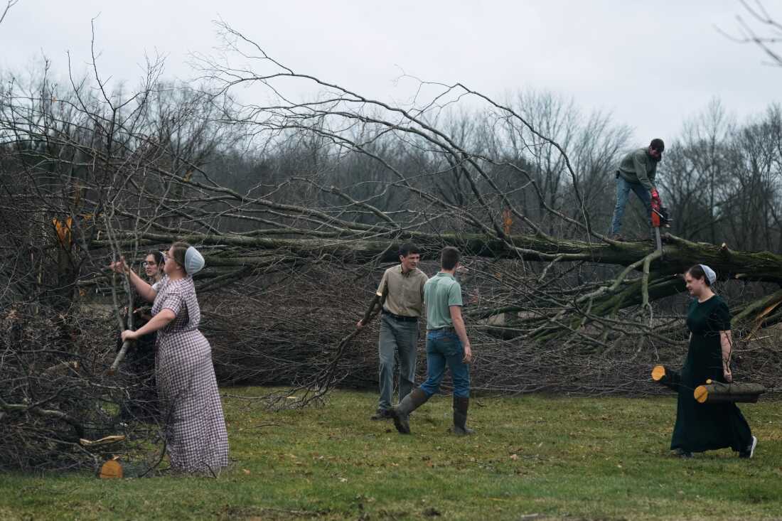 Volunteers work to clear branches and tress felled by a storm that whipped up a tornado a day earlier, in Union City, Mich. on Saturday
