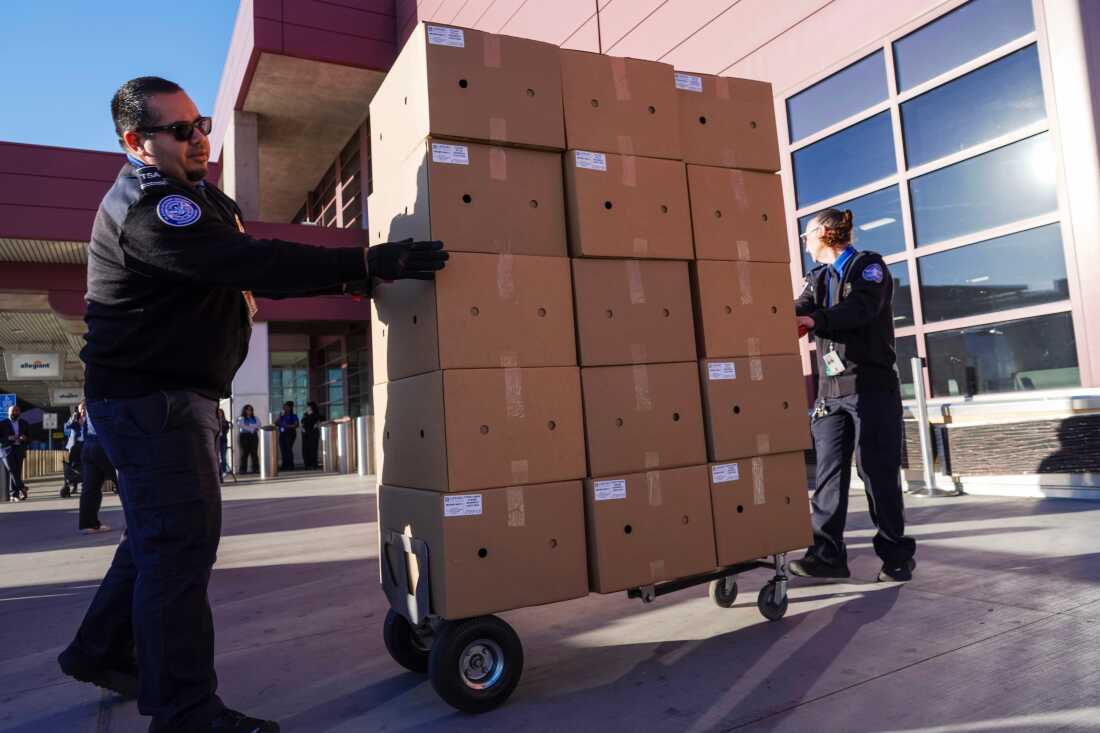 TSA staff members at Harry Reid International Airport in Las Vegas unload donated lunches from MGM Resorts on Wednesday as a partial government shutdown continues, and workers stopped receiving paychecks.