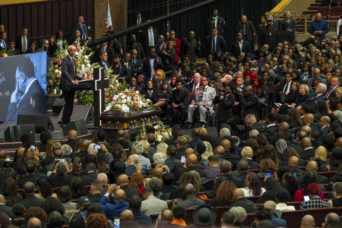 Former President Barack Obama addresses mourners during a public homegoing service for the Rev. Jesse Jackson at the House of Hope on Friday.