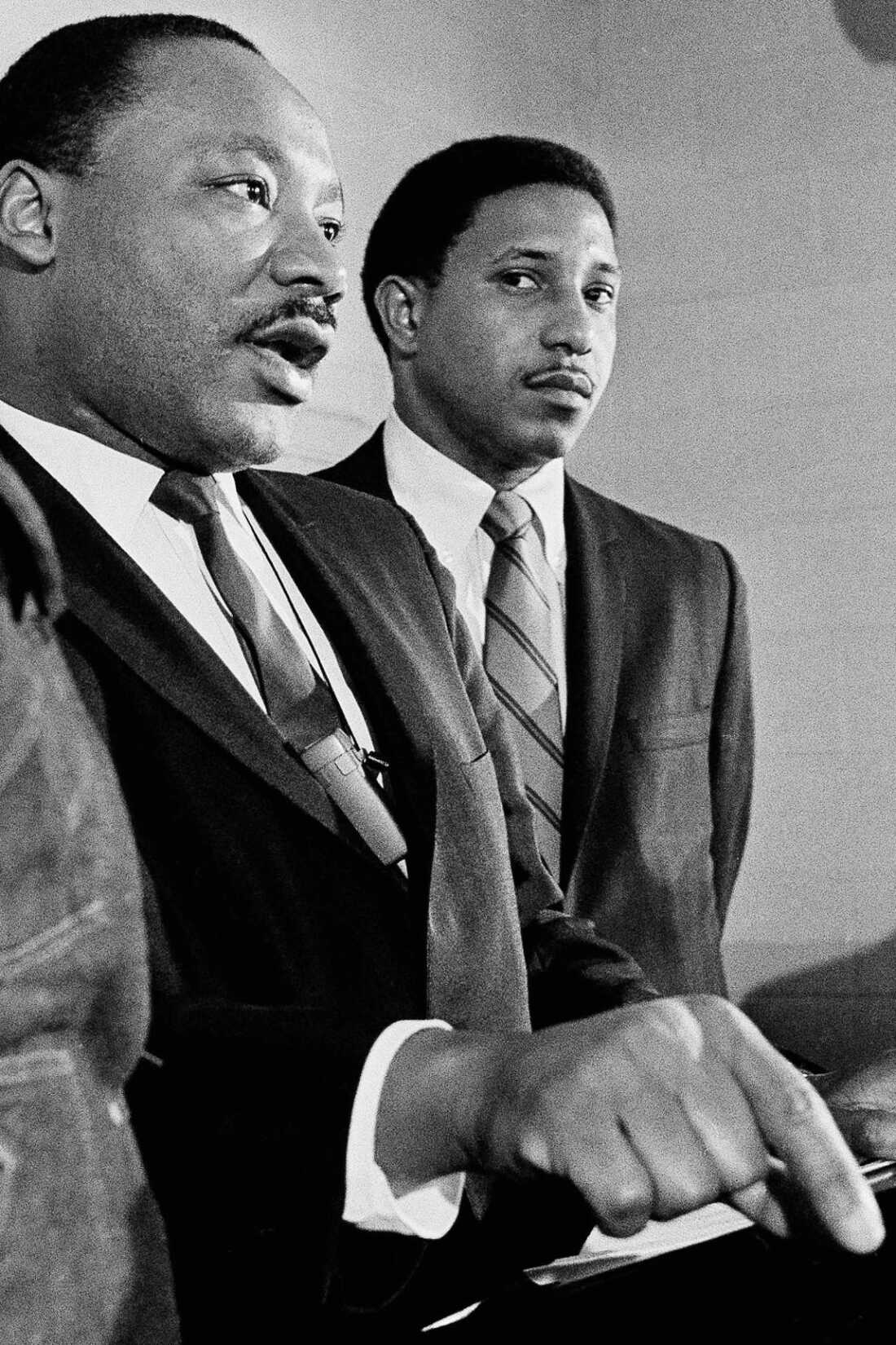 Dr. Martin Luther King, accompanied by the Rev. Bernard Lafayette (right), talks about a planned march on Washington during a news conference, Jan. 16, 1968, in Atlanta.