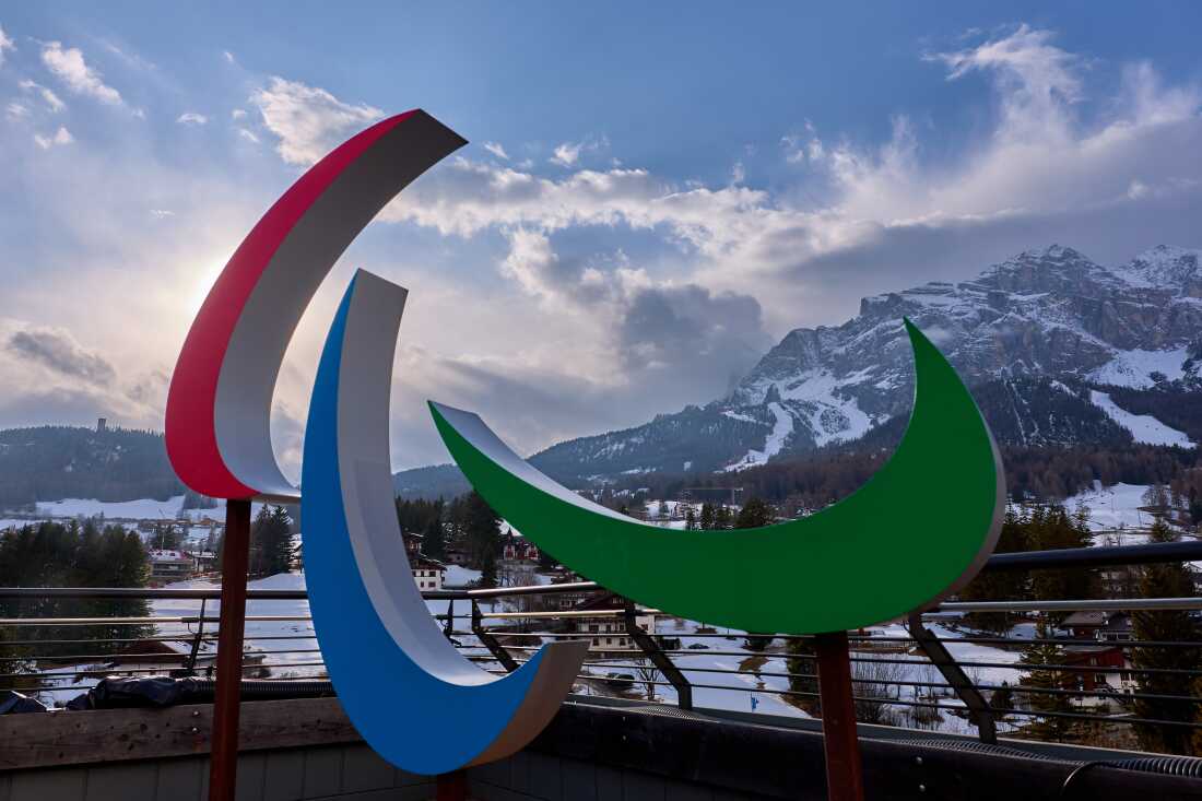 The Paralympic logo, the Agitos, is seen in Cortina d'Ampezzo, Italy.