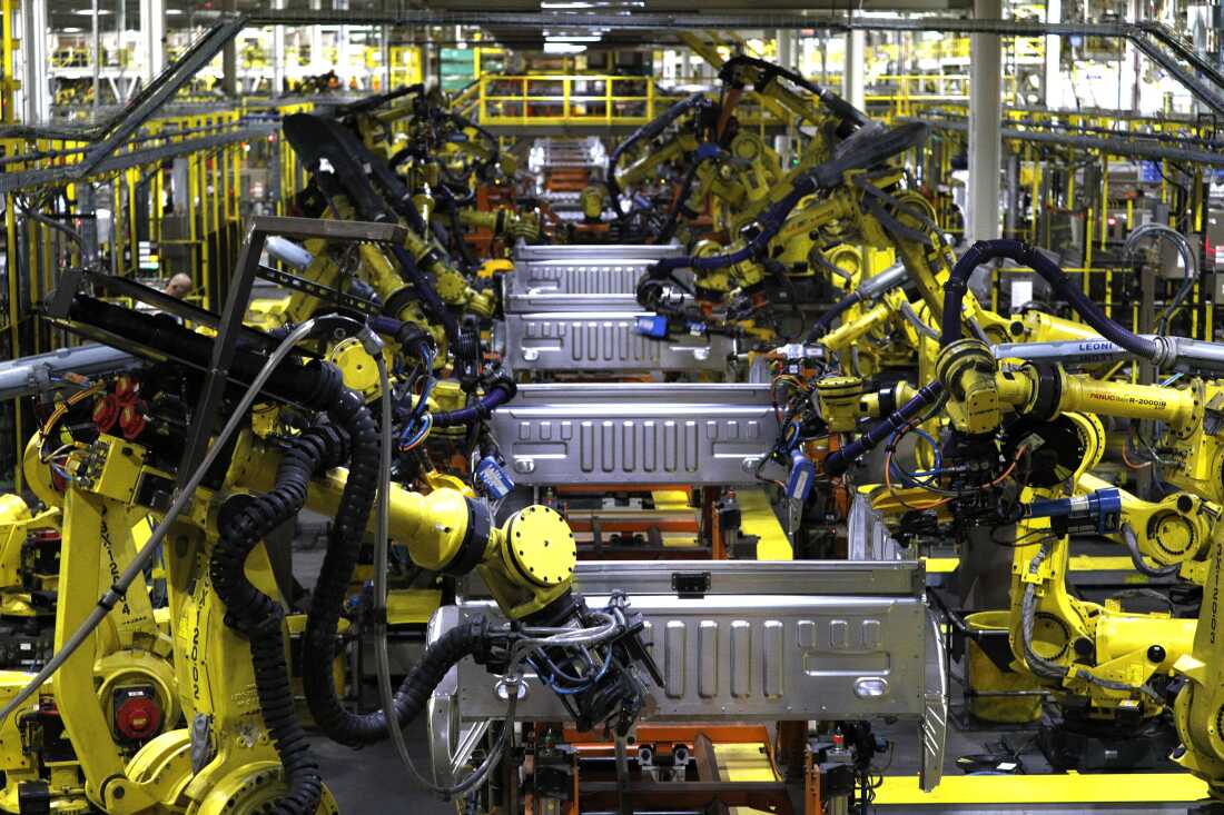 Ford F150 trucks go through robots on the assembly line at the Ford Dearborn Truck Plant on Sept. 27, 2018, in Dearborn, Mich.