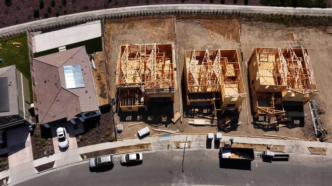 RICHMOND, CALIFORNIA - JULY 01: In an aerial view, homes are seen under construction at a new housing development on July 01, 2025 in Richmond, California. According to a report by the U.S. Commerce Department's Census Bureau, U.S. construction spending fell 0.3% in May as higher mortgage rates and rising inventory impacted single-family housing projects. (Photo by Justin Sullivan/Getty Images)